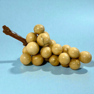 Vintage Alabaster Stone Marble Grape Cluster Wooden Stem MCM Heavy Large 12" L